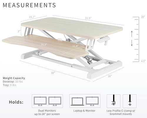 Image of VIVO 32 inch Desk Converter, K Series, Height Adjustable Sit to Stand Riser, Dual Monitor and Laptop Workstation with Wide Keyboard Tray, Light Wood Top, White Frame, DESK-V000KF