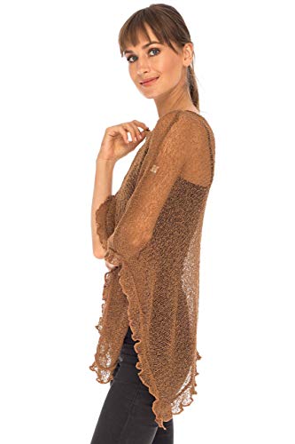 Image of SHU-SHI Women's Sheer Knit Poncho Shrug Lightweight Asymmetrical Ruffle Wrap Dressy Summer Shawl Cover Up Top