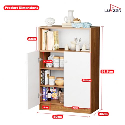Image of Lukzer 4-Tier Kitchen Storage Cabinet Organizer (SR-003 /Oak Brown) Engineered Wood Multipurpose Kitchen Rack & Storage Shelf with Door, Modern Pantry Cabinet for Dining & Living Room (92x30x60 cm)