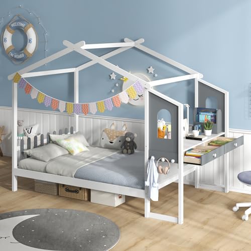 Komfottfullhousebedwithdeskwoodmontessoribedframewithhouseroofcanopy2drawersmodernplayhousebedwithfenceforkidsteensgirlsboysnoboxspringneededwhitegray  Urban Country Home Decor Komfott full house bed with desk wood montessori bed frame with house roof canopy 2 drawers modern playhouse bed with fence for kids teens girls boys no box spring needed white gray  urban country home decor