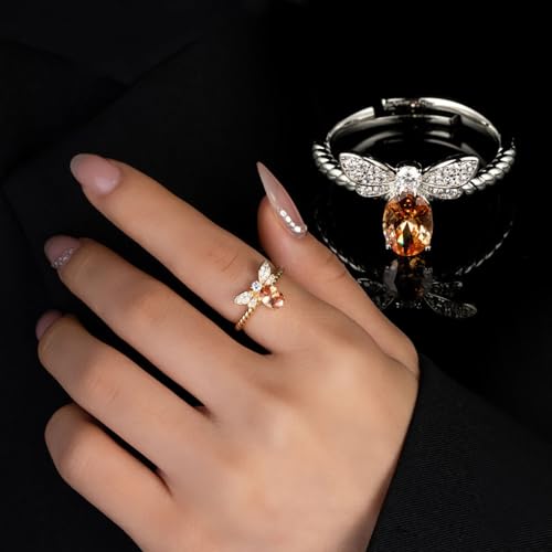 Kokoma Cute Bee Ring for Women Cubic Zirconia Honeybee Open Statement Rings Engagement Eternity Promise Ring Adjustable Band 14K Gold Plated3