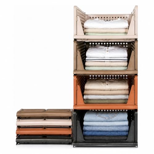 RMAN® 4 pcs Organizador Armario Organizador Cajones Extraíbles de Plastico Plegable y Apilable Ordenar Armario Cajas Almacenaje Ropa para Cocina Dormitorio Baño   Marrón