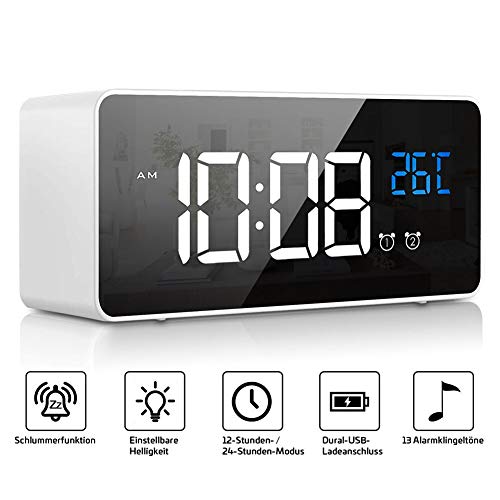 Digital Wecker, LED Digitaluhr Tischuhr mit Sprachsteuerung Funktion und Temperatur Display, Spiegelalarm mit Dual Alarm Snooze Zeit 4 Stufen Einstellbarer Helligkeitsdimmer 13 Musik USB Ladeanschluss