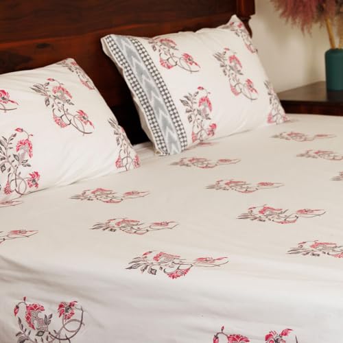 Image of Bahar Premium Hand Block Printed Bedsheet | Bed Sheet Flatsheet | Pure Cotton | Double Bed King Size 108 inchx108 inch | 300 TC Bedsheets | Includes 2 Pillow Covers | Floral Spread