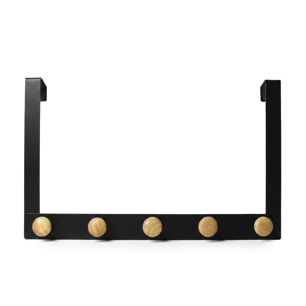 Sendez Door Coat Rack Black with 5 Wooden Hooks - Space Saving Door Hook Rail No Drilling - Coat Hooks for Jackets, Bags, Towels - Hanging Rail for Bathroom, Bedroom & Hallway, 41 x 25 cm
