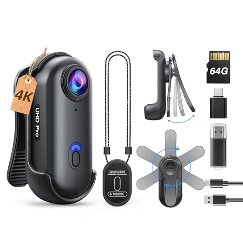 BOBLOV W4 4K Bodycam - Fotocamera per corpo Mini, con clip girevole a 360° e clip magnetica, 90 minuti per registrazioni, lezioni, viaggi, passeggiate con animali domestici (4K 64GB)