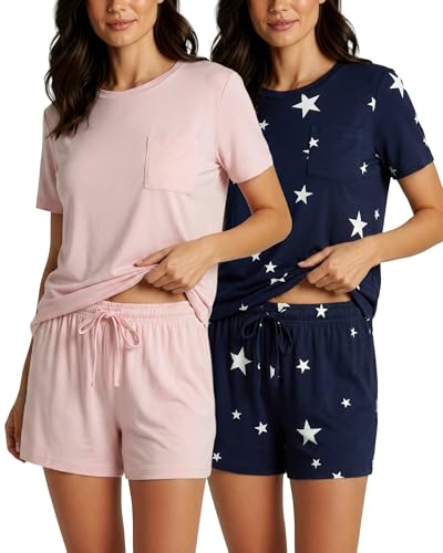 Image of Real Essentials 2 Pack: Women's Short Sleeve Pajama Short Set - Comfy Lightweight Soft Lounge Sleepwear (Plus