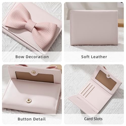 Small Wallets Woman, Cute Tri-fold Ladies Coquette Wallet for Women, Pink Bow Credit Card Coin Holder Purse with ID Window for Cash Key Change (Pink)3