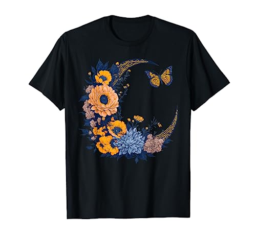 Crescent Moon Flowers Minimalist Boho Graphic Bohemian Style T-Shirt