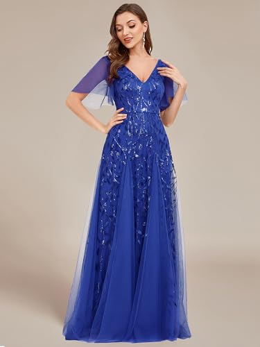 Image of Ever-Pretty Women's Sequin Formal Dresses Evening Gown Sparkly V-Neck Short Sleeve Floor Length Mother of The Bride Dress Sapphire Blue US18