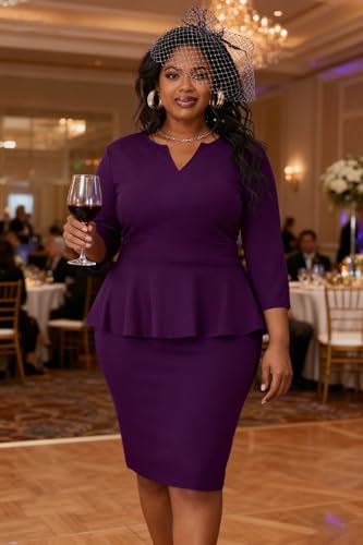 Image of Runwind Plus Size Dresses for Curvy Women, Work Church Professional Office Vintage Peplum Pencil Dress V Neck 3 /4 Sleeve