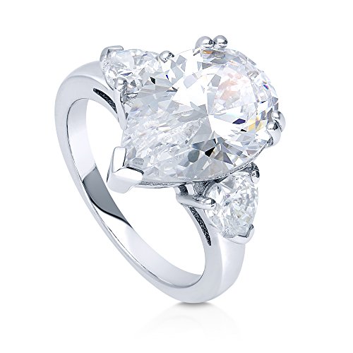 Berricle Sterling Silver 3-Stone Wedding Engagement Rings Pear Cut Cubic Zirconia Cz Statement Anniversary Ring For Women, Rhodium Plated Size 7.5 #TOP6