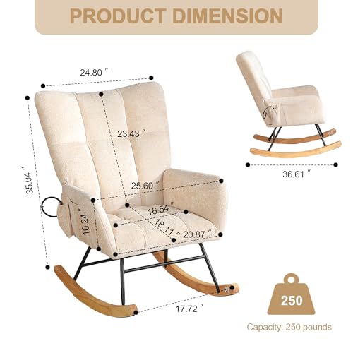 Image of Rocking Chair Nursery with Airbag, Comfy Modern Nursery Rocking Reading Chair Indoor, Cozy Upholstered Glider Rocker Chairs for Living Room Bedroom Offices, (Chenille, Beige)