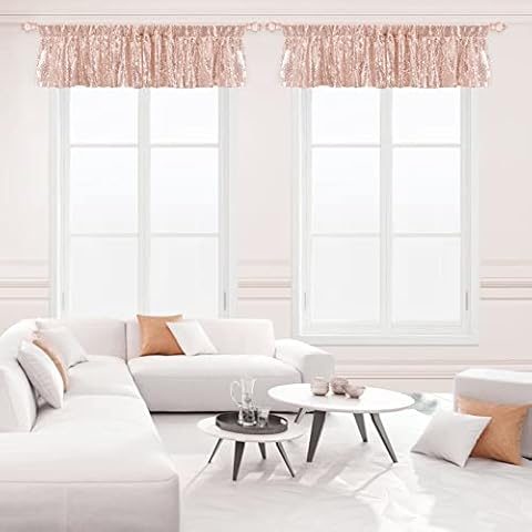 Rose Gold Valances for Windows 2 Pack,Sequin Valances Window Treatments, Valances for Living Room,Kitchen & Bedroom, 52" x 16" Cover
