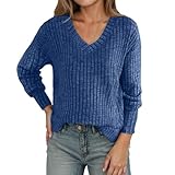 Generisch Sudadera de manga larga para mujer, monocolor, moderna, informal, holgada, cuello en V, sudadera con cuello en V, azul, 3XL
