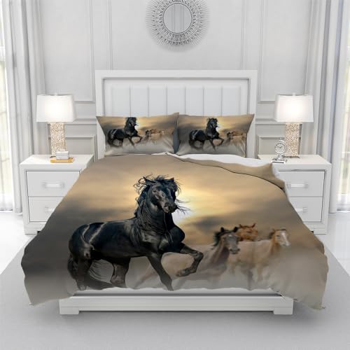 Gegeryozer Parure de lit Chevaux 135 × 200 cm, housse de couette avec motif cheval, housse de couette pour enfants en microfibre avec deux taies d'oreiller 50...