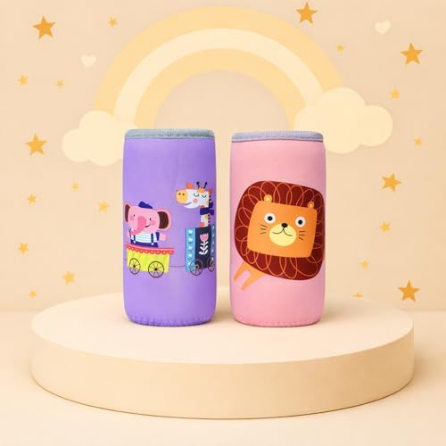 The Cheeky Kidzz Soft Reusable Baby Feeding Bottle Cover Sleeve Animal Printed Suitable for 120ml 150ml 220ml 240ml Slim Neck Milk Feeder Bottles (Pack of 2;Pink,Purple)