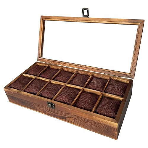 Caja para Relojes con 12 Compartimentos, Artesanal, Madera Maciza, Guarda Relojes, Estuche Reloj, Porta Reloj, Relojero, Organizador, Cojín Extraíble, Marrón, Idea Regalo, Cumpleaños, Hombre, Mujer