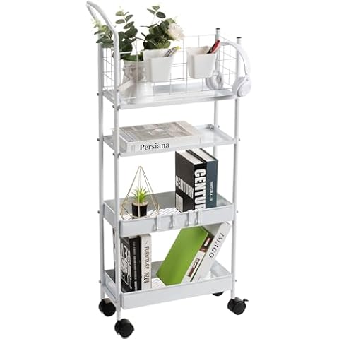 danpinera Rolling Cart, 7.7’’ Slim Storage Rolling Cart with Extra Hooks and Cups, Slim Laundry Cart Narrow Bathroom Cart Utility Cart, Rolling Metal Cart with Mesh Fence to Prevent from Falling Off Cover