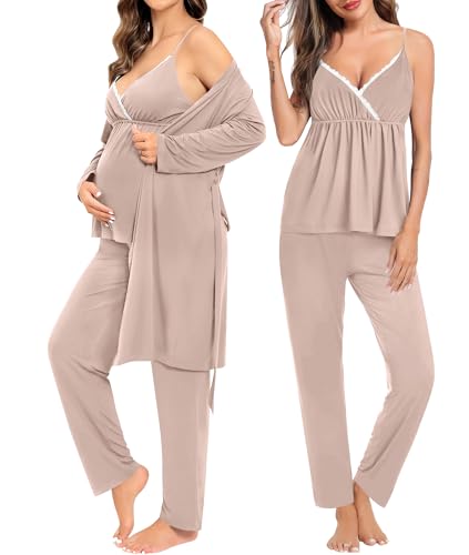 Image of SWOMOG Maternity Nursing Robe Set 3 Piece Breastfeeding Pajamas 3 in 1 Labor Delivery Sleevless Tops&Long Pants Pregnancy Pjs