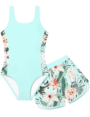 Image of Girls Swimsuit One Piece Swimsuits Color Block Bathing Suit for Girls Adjustable Strap Padded Swimwear with Shorts