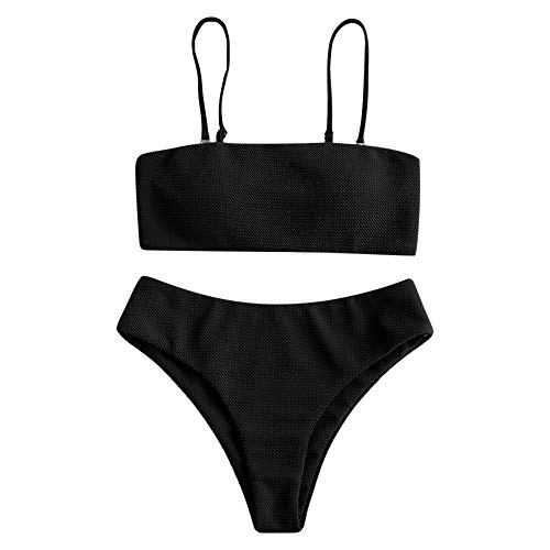 ZAFUL Women¡¯s Two-Piece Basic Padded Textured Bandeau Bathing Suit Spaghetti Straps Cami Bikini Set Black