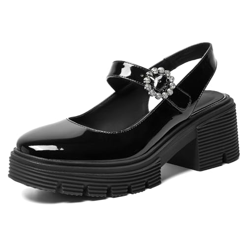 CouieCuies Black Mary Jane Shoes Women Heels Formal Dress Shoes Chunky Heel Round Toe Platform Pumps Cute Casual Pumps