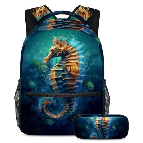Sac à dos polyvalent 2 pièces bleu océan hippocampe poisson : fini le désordre scolaire