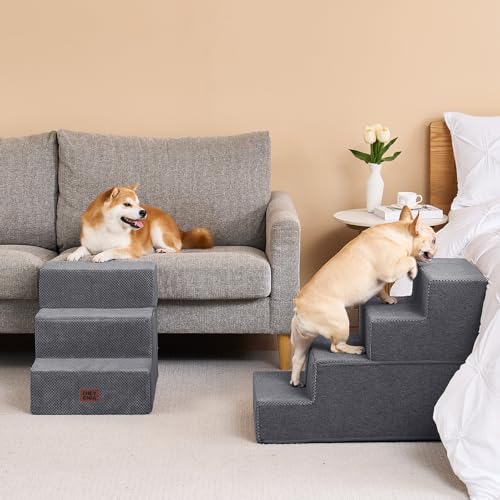 Image of EHEYCIGA Dog Stairs for Bed 20 inch H, 4-Step Extra Wide Dog Steps for High Bed, Pet Steps for Small Dogs and Cats, Non-Slip Balanced Pet Ramp Indoor, Grey
