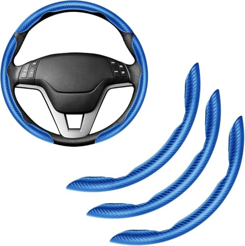 Image of Amiss 3pcs Carbon Fiber Anti-Skid Steering Wheel Cover, Waterproof & Segmented Butterfly Design, Universal 99% Vehicle Wheel Cover Protector, Car Interior Accessories, Blue