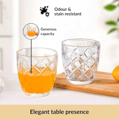 Image of Nestasia Transparent Small Juice Glasses Set of 6 (260 ml Each) - 100% Food Safe & Dishwasher Safe Diamond Cut Tumblers - Ideal for Water, Tea, Coffee & Refreshments - Perfect for Gifting