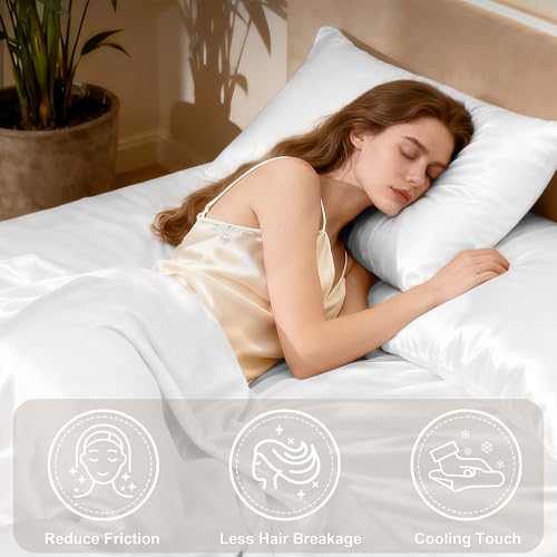 Image of Love's cabin Twin XL Satin Sheet Sets - 3 Piece White Silky Bed Sheets with Deep Pockets, Luxury Silk Feel Satin Sheet Set Twin XL (1 Flat Sheet,1 Fitted Sheet,1 Pillow case)