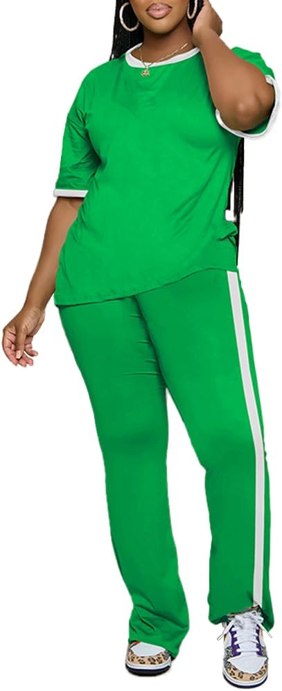 PINSV 2 Piece Sets for Women Summer Casual Short Sleeve Top and Flare Pants Lounge Sets - Image 3