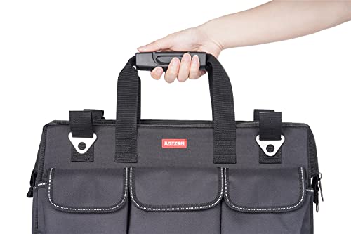 Justzon Tool Bag For Men With Wide Mouth And Waterproof Molded Base,Plastic-Padded Handle, Adjustable Shoulder Strap, Professional Electricians Construction Worker Tool Bag Organizer (L_Black) #TOP3