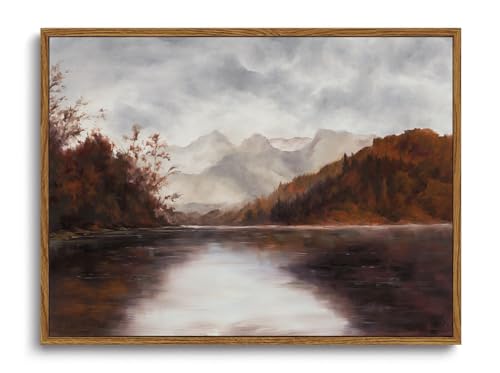 Image of KISSFOX Vintage Fall Countryside Framed Wall Art Autumn Lake Mountain Forest Landscape Canvas Art Farmhouse Nature Paintings Artwork Rustic Serene Art Prints For Kitchen Living room Bedroom