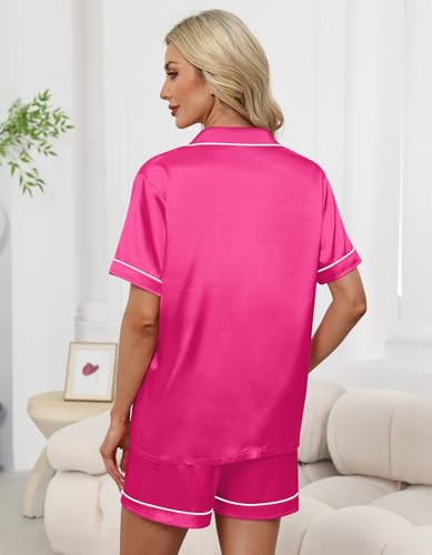 Image of Schbbbta Women Pajamas Set, 2 Pieces Satin Silk Button Down Pjs Short Sleeve Outfits Loungewear
