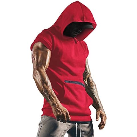 Vests for Men Sleeveless Gym Hoodie Running Sports Tops Smart Hooded Training Boxing T Shirt Clothes Red L Cover