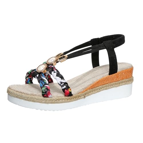 Xbemkste Sandalias de mujer bohemias con plataforma bohemia, alpargatas con pedrería, tobillo, elásticas, zapatos de playa, elegantes zapatos de verano para viajes, uso diario, Negro , 41 EU Ancho