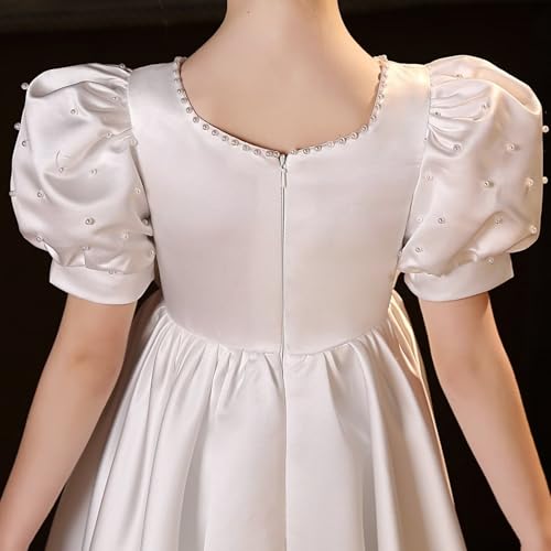 Satin Flower Girl Dresses for Wedding Puff Sleeves First Communion Dress Pearl Girls Ball Gown with Bow4