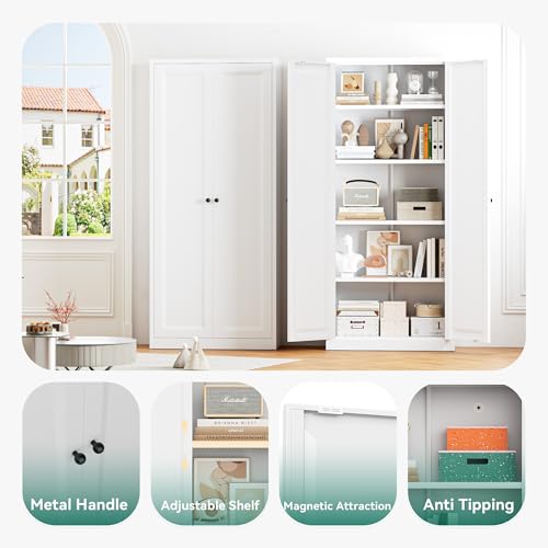 Image of Greenvelly Metal Storage Cabinet, 63 inch H White Metal Storage Cabinet with Doors and 4 Shelves, Steel Cabinets for Living Room, Office, School (White - Modern)