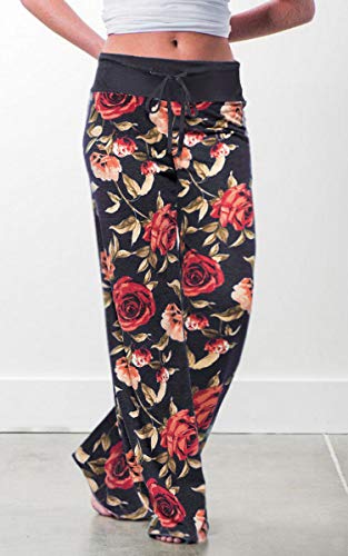 Image of AMiERY Women's Comfy Casual Pajama Pants Floral Print Drawstring Palazzo Lounge Pants Wide Leg