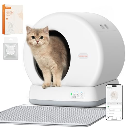 MeoWant Self Cleaning Cat Litter Box, Automatic Cat Litter Box with Integrated Safety Sensors, APP Control, Odor-Free, Large Capacity for Multi Cats with Mat & Liner