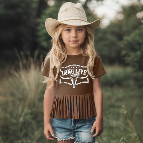 Image of Girls Western Shirt Cowgirls Embroidered Country Concert T Shirt Graphic Horseback Rider Tassel Fringe Tee Tops
