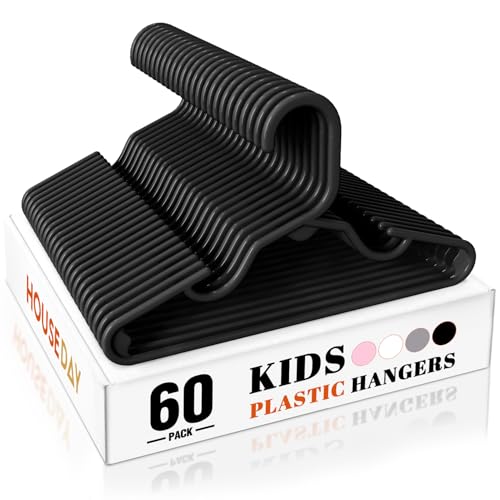 Image of HOUSE DAY Premium Baby Hangers 60 Pack, 11 Inch Kids Plastic Hanger Black, Slim Childrens Hangers for Infant, Toddler, Child Clothes, Durable Baby Clothes Hanger for Closet