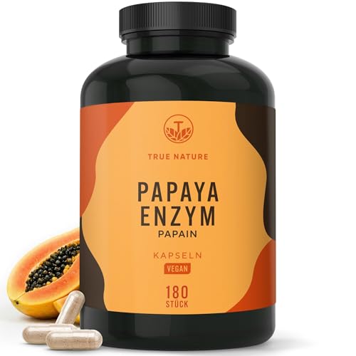 Papaya Enzym Kapseln - Hochdosiert: 2100mg Papain Extrakt - 180 Kapseln - Papain Enzymaktivität: 6 mio. Units/g - Vegan Deutsche Produktion - TRUE NATURE
