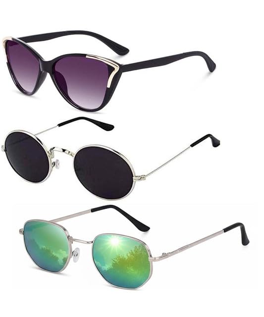 Y&S Unisex Goggle Combo| Combo Offer Pack of Branded Latest Stylish| Black Cateye Black Round Green Hexagonal for Men and Women with Box|3-1276