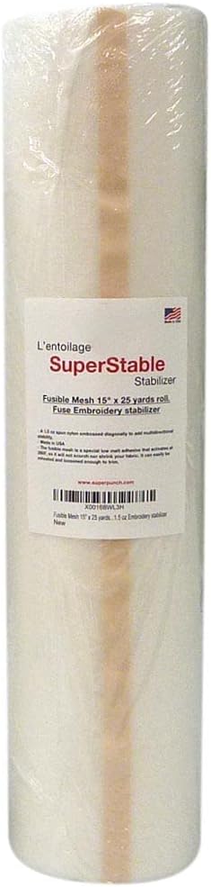Superpunch Fusible Iron On No Show Mesh Embroidery Stabilizer, 1.5 Oz Lightweight Fuse Embroidery Backing Stabilizer-15 Inch x 25 Yard, SuperStable White Stabilizer for Embroidery Machine, Made In USA