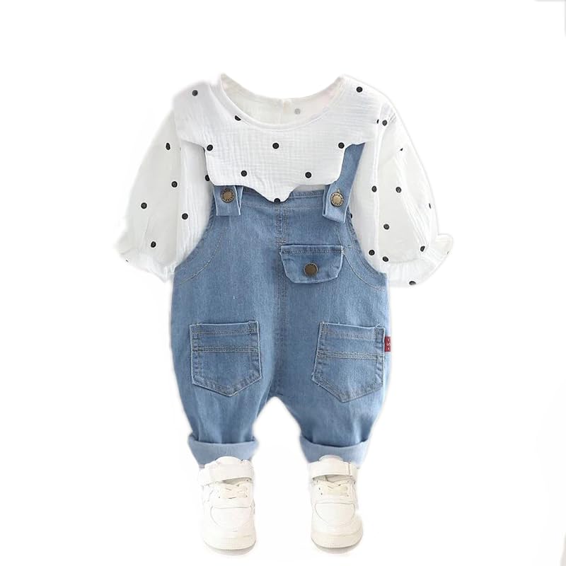 Image of Bold N Elegant Girls Polka Dot Top with Denim Dungaree Clothing Set