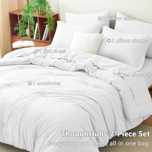 CozyLux Full Comforter Set White, 7 Pieces Bed in a Bag Soft Bedding Comforter Set with Sheets, All Season Boho 7PC Bed Sets with Comforter, Fitted Sheets, Flat Sheets, Pillow Shams and Pillowcases