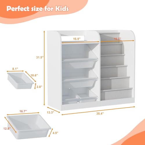 White Kids Wood Bookshelf Toy Storage Box Organizer Shelf W/4 Removable Plastic Toy Bin Children Bookcase Toddler Baby Sling Book Rack Cabinet Girl Boy Gift Playroom Bedroom Nursery Classroom Library - Image 3